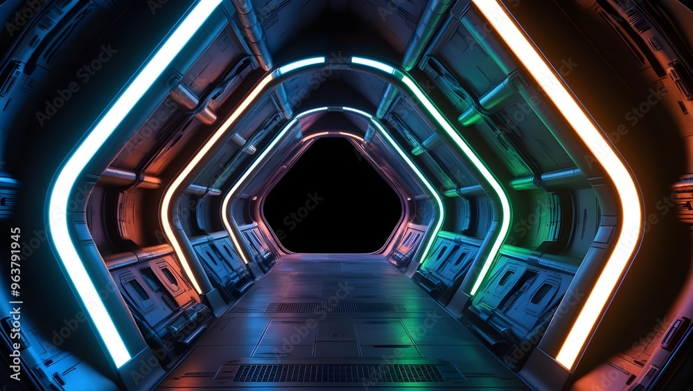3D Rendering of Dark Abstract Sci-Fi Tunnel: Futuristic Triangular Spaceship Corridor Design 3D Rendering of Dark Abstract Sci-Fi Tunnel: Futuristic Triangular Spaceship Corridor Design