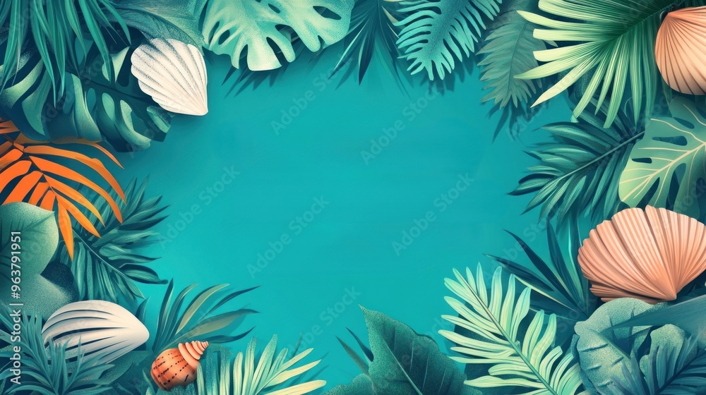 A green background with shells and leaves A green background with shells and leaves