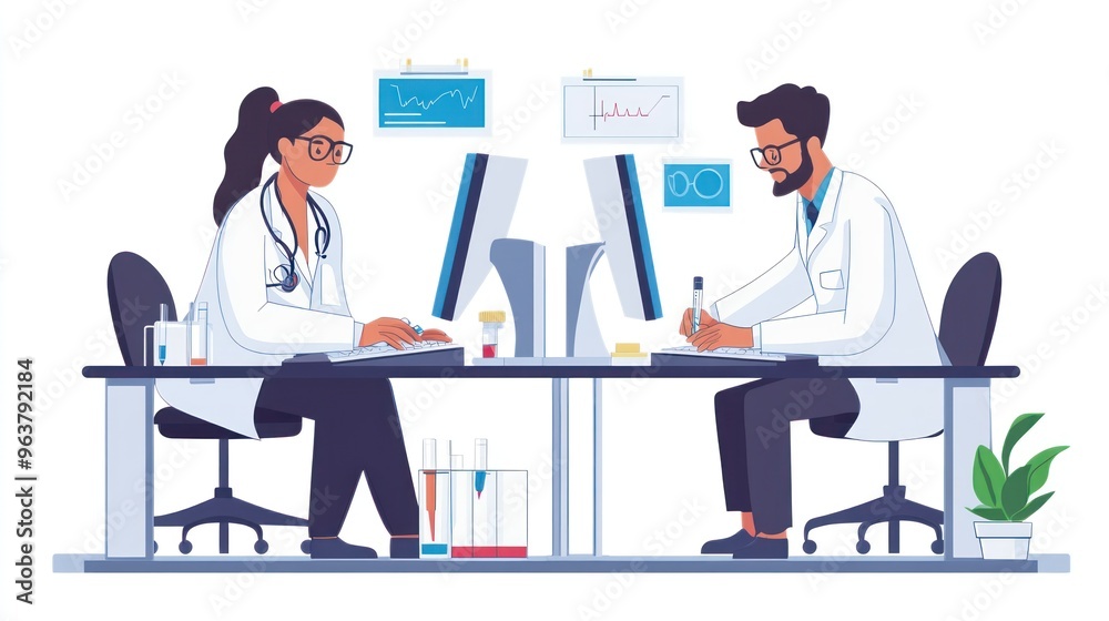 Obraz premium Two scientists working at computers in a lab, analyzing data and conducting research.