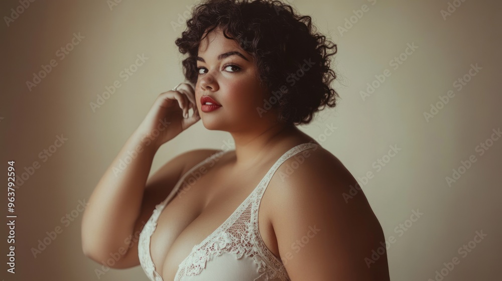 A woman with a large bust stands in front of a white wall A woman with a large bust stands in front of a white wall