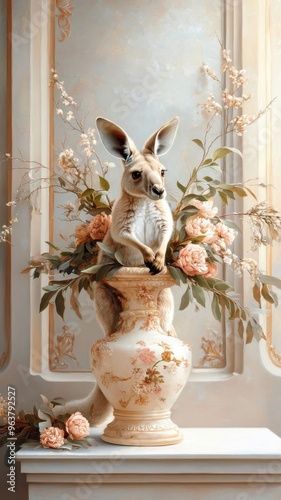 Kangaroo hopping through a luxury garden with exotic plants and elegant decor, creating a magical scene.