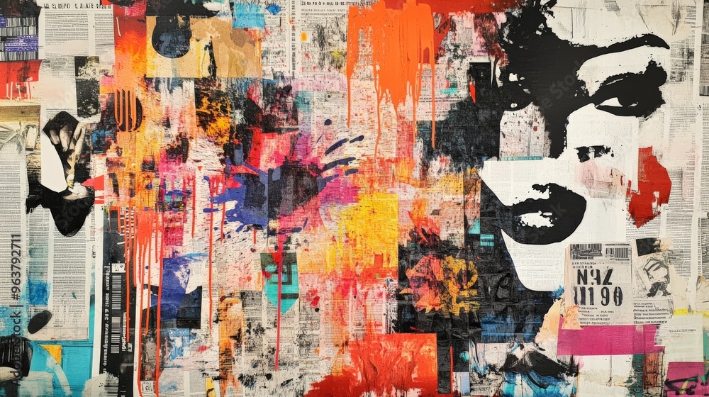 Fototapeta premium Vibrant abstract mixed-media collage with newspapers and bold colors, featuring a partially obscured face for a contemporary art piece.