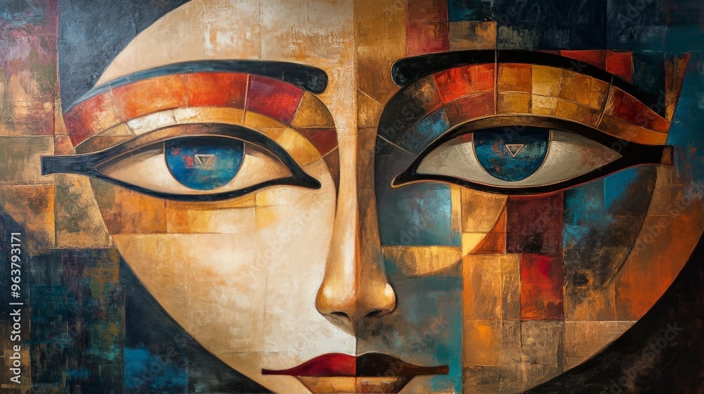 Vibrant abstract painting depicting a stylized face with rich colors and geometric shapes, blending modern art and expressionism. Vibrant abstract painting depicting a stylized face with rich colors and geometric shapes, blending modern art and expressionism.