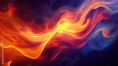 Abstract swirling flames in vibrant colors of orange, red, and blue against a dark background.