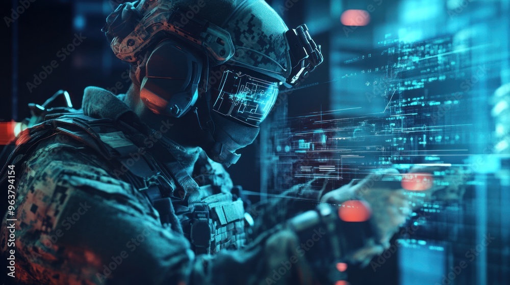 A soldier interacts with advanced technology, showcasing a futuristic military environment. A soldier interacts with advanced technology, showcasing a futuristic military environment.