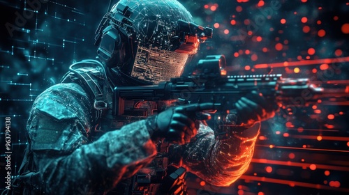 A futuristic soldier in armor aiming a weapon amidst a digital backdrop of red and blue.