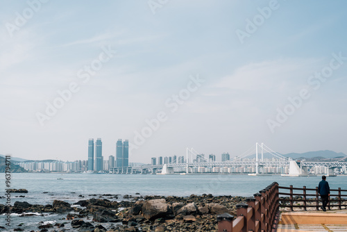 Obraz na płótnie View of Gwangan Bridge and seascape from Dongbaekseom island in Busan, Korea w salonie
