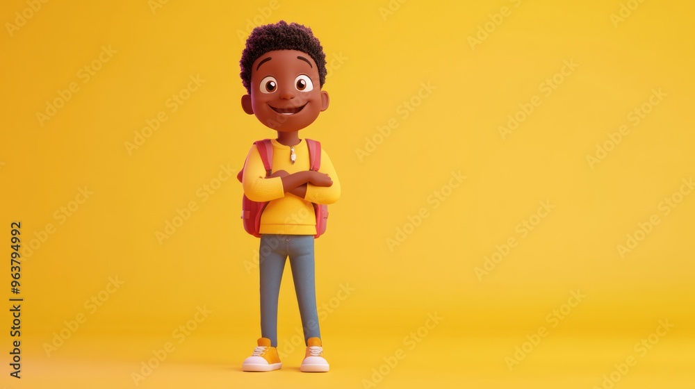A cheerful animated boy with a backpack stands confidently against a bright yellow background. A cheerful animated boy with a backpack stands confidently against a bright yellow background.