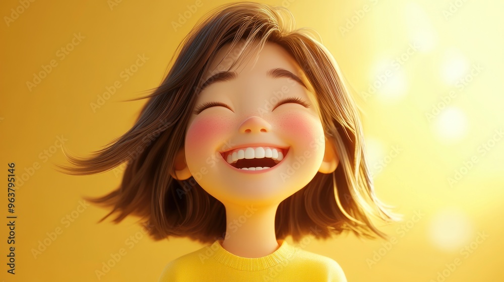 A joyful animated character with a bright smile against a warm yellow background. A joyful animated character with a bright smile against a warm yellow background.