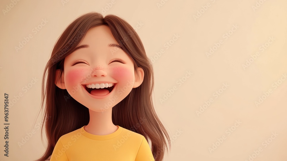 custom made wallpaper toronto digitalA cheerful animated character with long hair smiles brightly against a soft background.