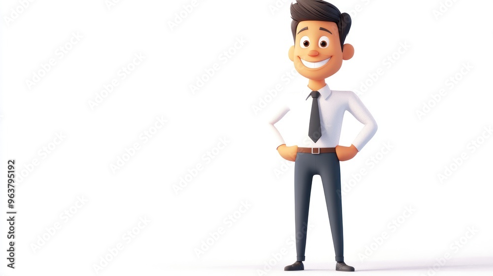 A cheerful cartoon businessman standing confidently with hands on hips. A cheerful cartoon businessman standing confidently with hands on hips.