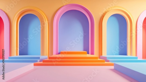 A colorful archway with three arches of different colors