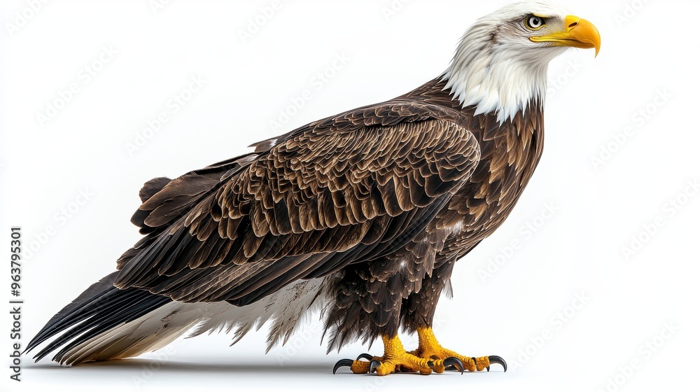 Obraz premium Full-body shot of a bald eagle on a smooth white background, emphasizing its grandeur