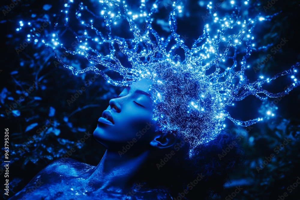Astrocytes dendritic spines and pyramidal neurons woman with neural connections glowing in her hair representing imagination brain power and neural creativity Astrocytes dendritic spines and pyramidal neurons woman with neural connections glowing in her hair representing imagination brain power and neural creativity