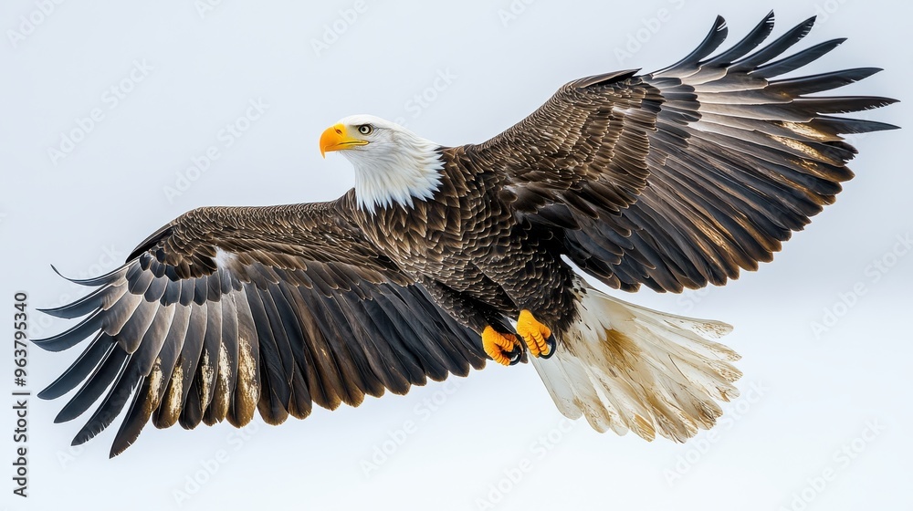 Fototapeta premium Full-body shot of a bald eagle on a smooth white background, emphasizing its grandeur