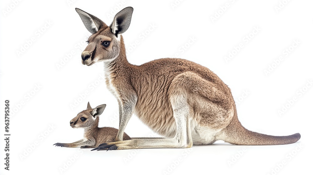 Obraz premium Full-body shot of a kangaroo with its baby joey against a clean white background, ideal for family themes