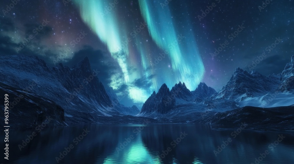 Naklejka premium A serene night landscape featuring the aurora borealis over a tranquil lake and mountains.