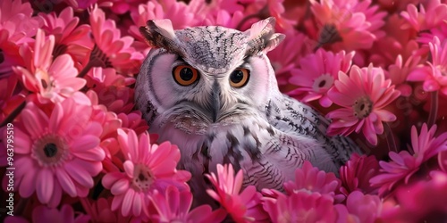 Fantasy-inspired realistic product photography of owl-themed floral arrangements for promotional purposes. photo