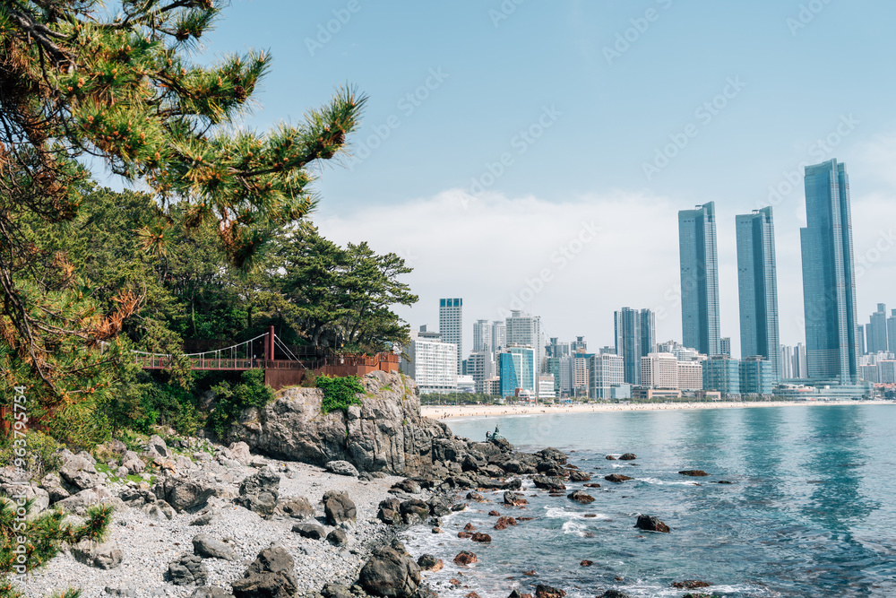 View of Dongbaekseom island and Haeundae Beach in Busan, Korea