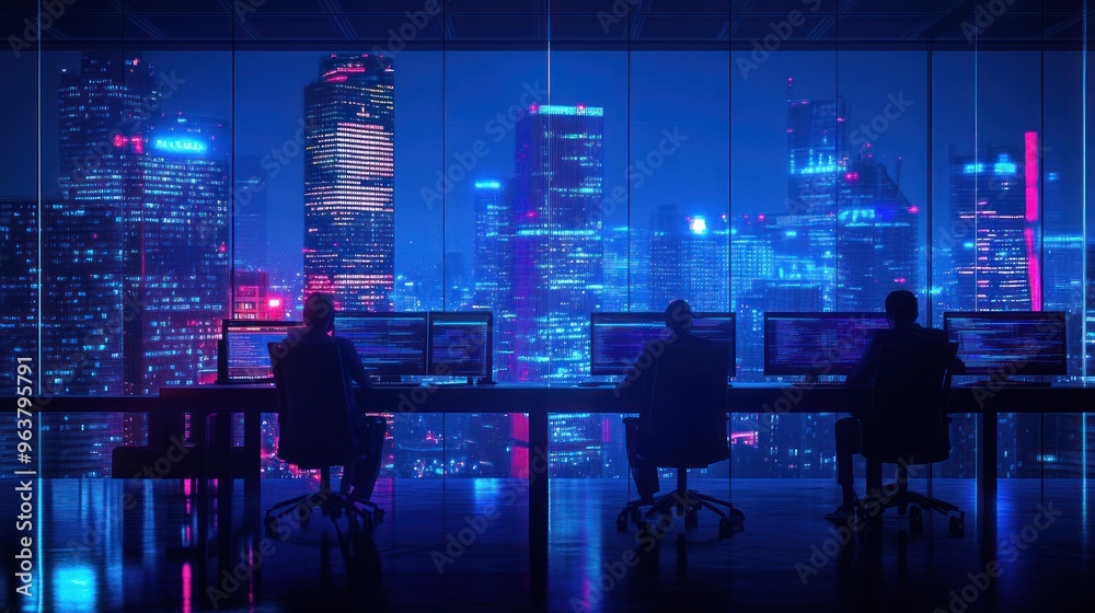 A dimly lit office with individuals monitoring screens against a vibrant city skyline. A dimly lit office with individuals monitoring screens against a vibrant city skyline.