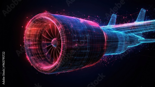 A jet engine with a red and blue design