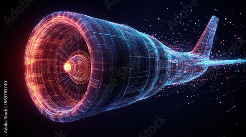 A jet engine with a red and blue design