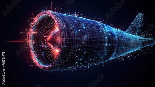 A jet engine with a red and blue design