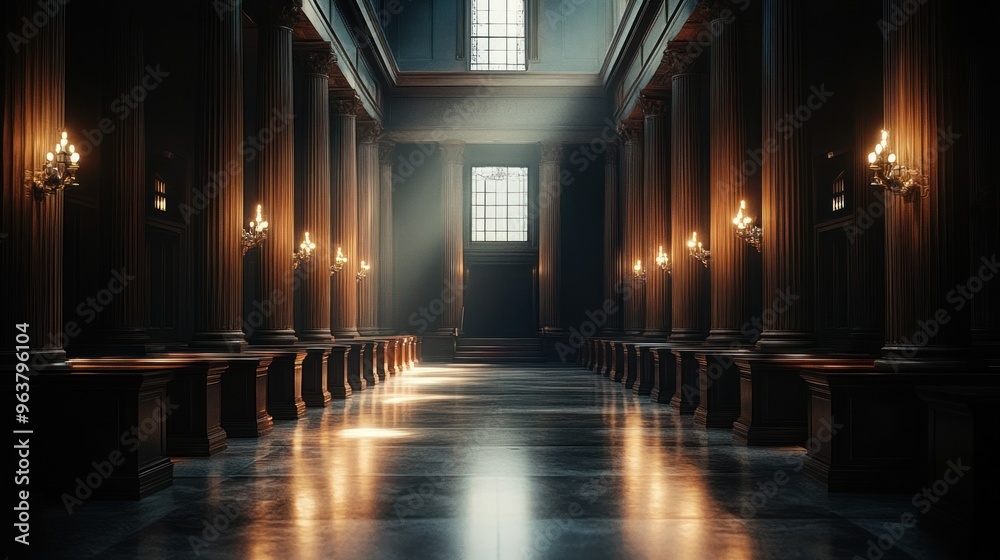 A grand, dimly lit hall with tall columns and soft light illuminating the polished floor. A grand, dimly lit hall with tall columns and soft light illuminating the polished floor.