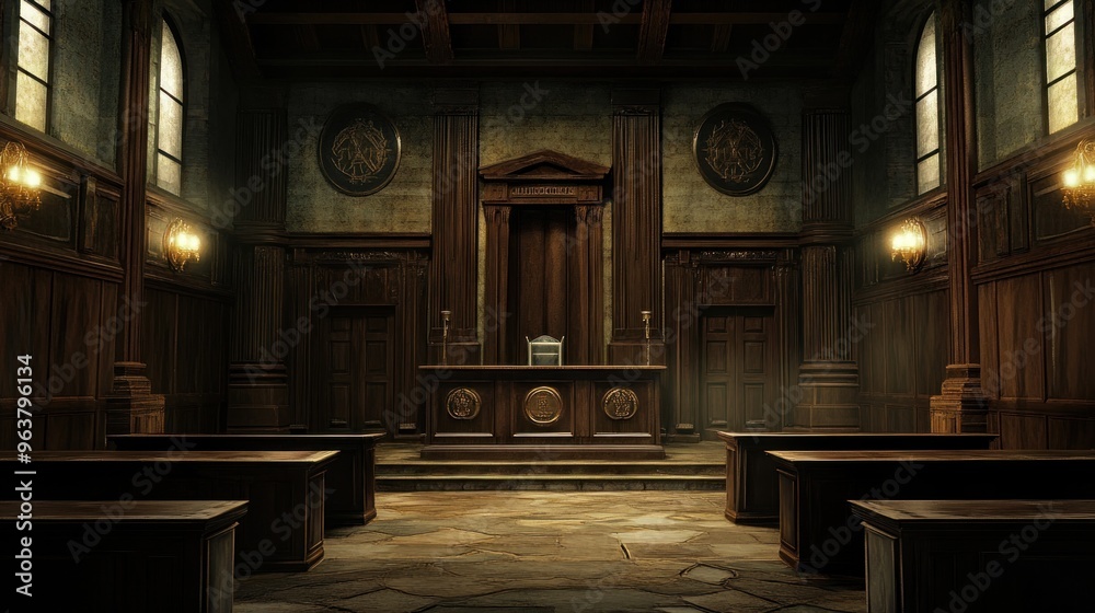 Fototapeta premium A dimly lit courtroom with wooden benches and a judge's bench at the front.