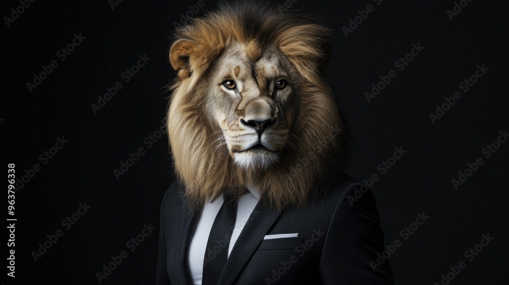 A surreal image of a man in a suit with a lion's head, blending human and animal traits. A surreal image of a man in a suit with a lion's head, blending human and animal traits.