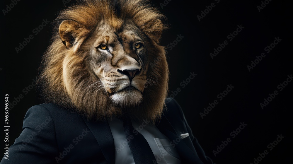 A lion with a human suit, symbolizing power and confidence in a dramatic setting. A lion with a human suit, symbolizing power and confidence in a dramatic setting.
