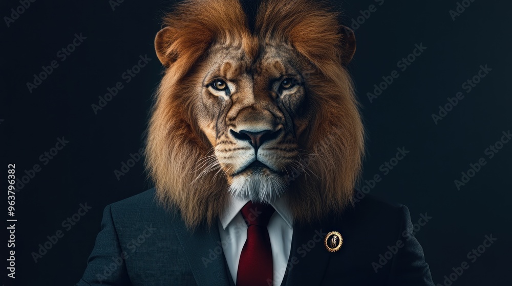 A lion with a human body dressed in a suit, symbolizing strength and leadership. A lion with a human body dressed in a suit, symbolizing strength and leadership.