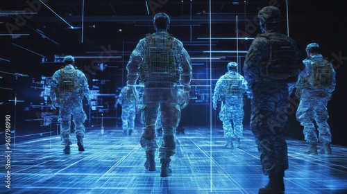 Soldiers depicted as holographic figures in a futuristic environment.