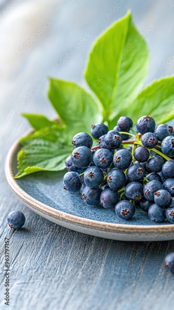 Fresh elderberries served on a plate, with a relaxing seaside backdrop. Fresh elderberries served on a plate, with a relaxing seaside backdrop.