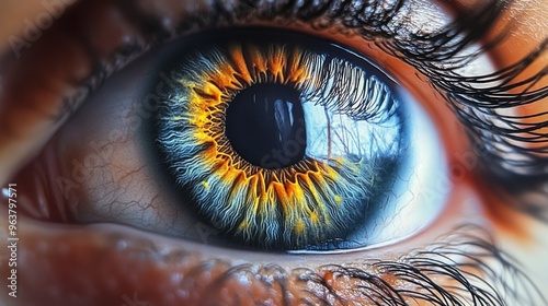 A close up of a person's eye with a blue iris and yellow highlights