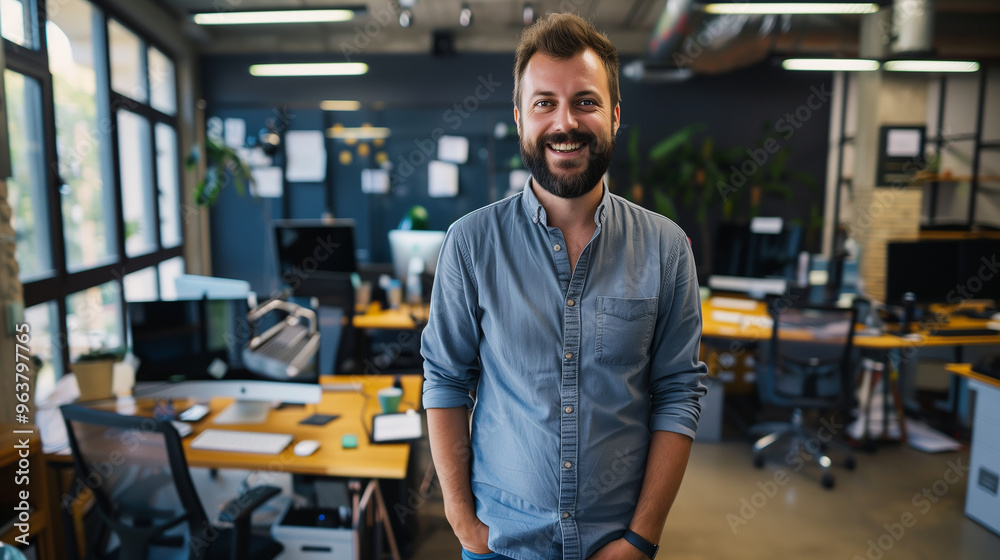 portrait of a happy tech worker standing in modern office looking at camera portrait of a happy tech worker standing in modern office looking at camera