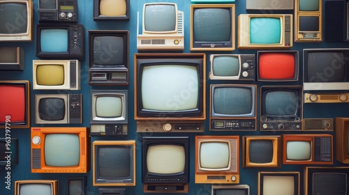 A collage of vintage televisions arranged on a wall, showcasing retro design and nostalgia.