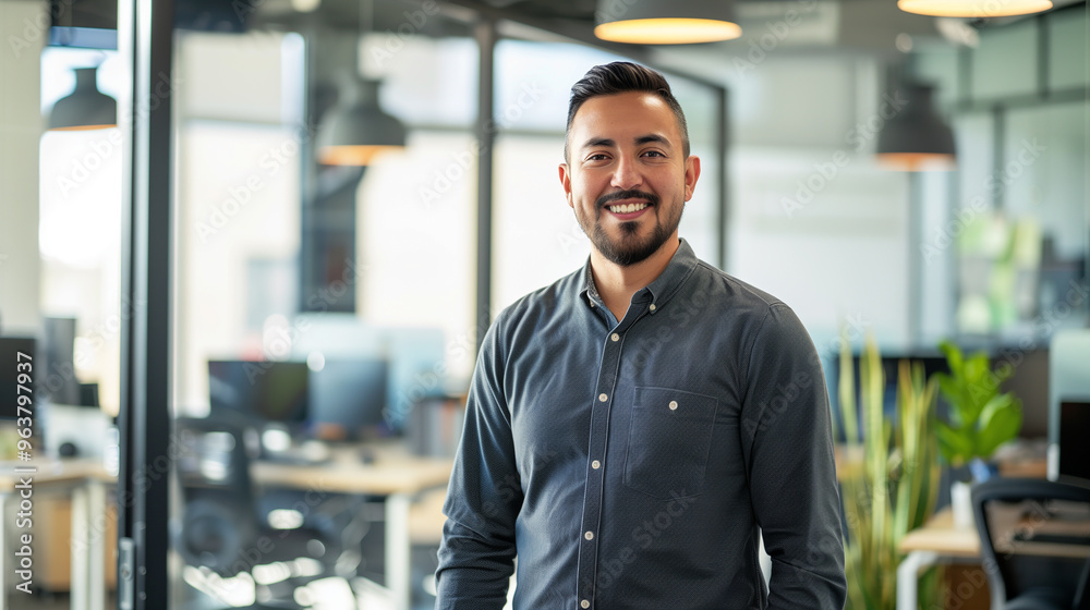 portrait of a happy tech worker standing in modern office looking at camera portrait of a happy tech worker standing in modern office looking at camera