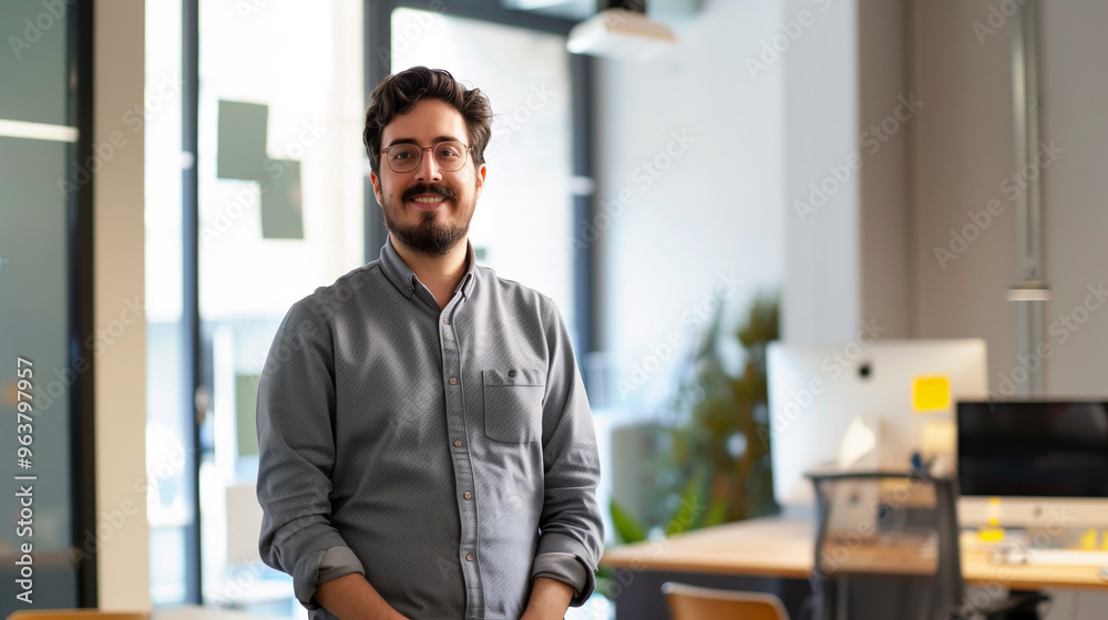 portrait of a happy tech worker standing in modern office looking at camera portrait of a happy tech worker standing in modern office looking at camera