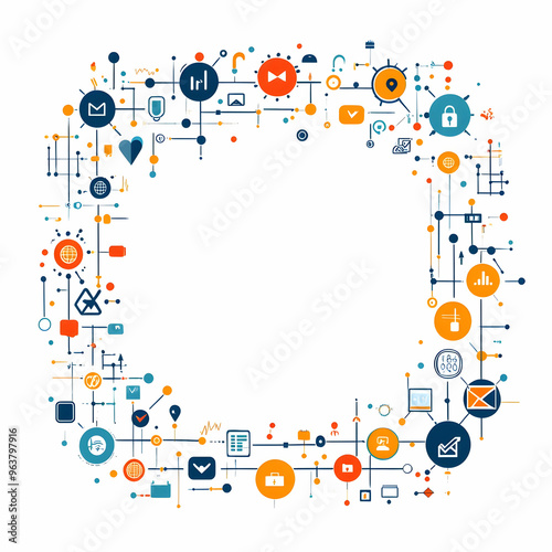 Flat AI Blockchain Investment Frame Concept: Sleek Border Design with Blockchain Symbols and Upward Arrows for Financial Growth, Copy Space, Simple Vector Illustration