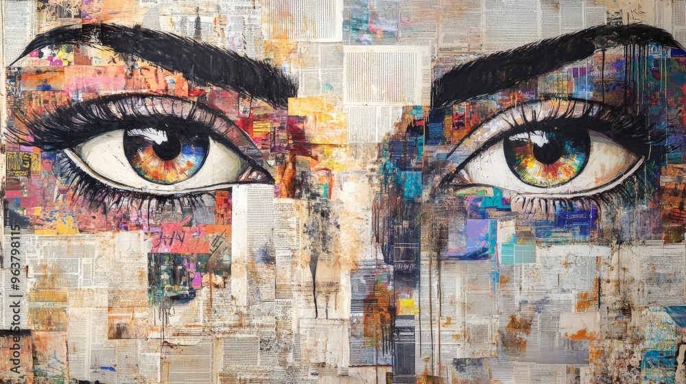 Vibrant artistic collage featuring expressive eyes on a textured background of mixed media elements and newspaper clippings. Vibrant artistic collage featuring expressive eyes on a textured background of mixed media elements and newspaper clippings.