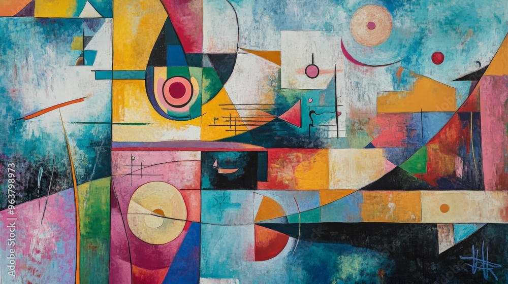 Vibrant geometric abstract painting with bold colors and shapes, depicting a dynamic and modern artistic expression. Vibrant geometric abstract painting with bold colors and shapes, depicting a dynamic and modern artistic expression.