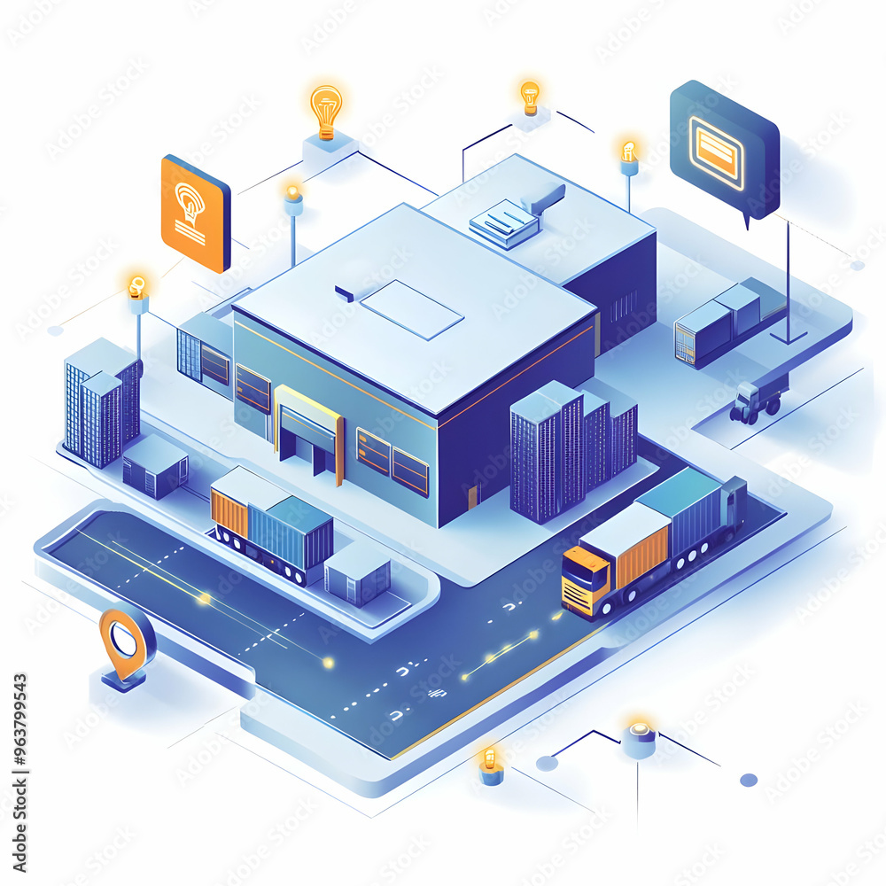 Fototapeta premium Flat Vector Illustration of AI-Powered Logistics Hub: Modern Design with Digital Tracking Systems & Glowing Data Points for Cost Management & Efficiency