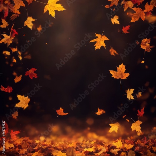 A serene autumn scene with falling leaves against a dark background.