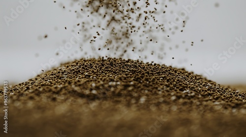 Close-up of tiny brown particles floating gently in the air against a pristine white background, showcasing the delicate texture and fine details of these particles. Perfect for backgrounds, scientifi photo