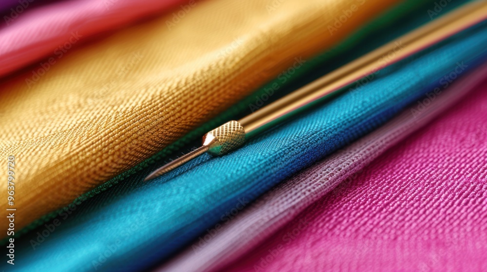 Fototapeta premium A golden sewing needle piercing through a stack of different colored fabrics