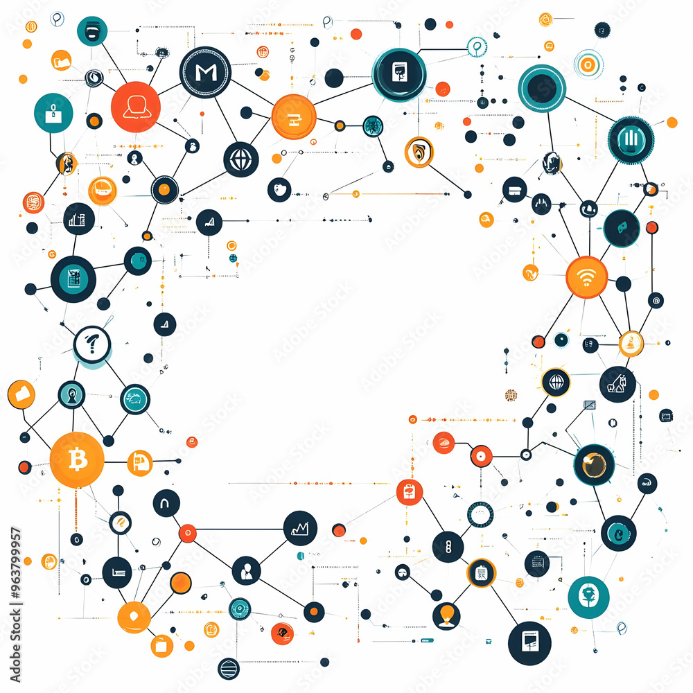 Modern Flat Blockchain Nodes and Coin Symbols Frame Design for Financial Technology - High-Tech Copy Space for Cost Efficiency Content Modern Flat Blockchain Nodes and Coin Symbols Frame Design for Financial Technology - High-Tech Copy Space for Cost Efficiency Content