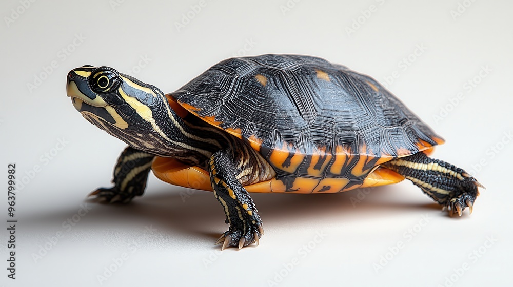 Painted turtle in mid-walk on plain white backdrop Painted turtle in mid-walk on plain white backdrop