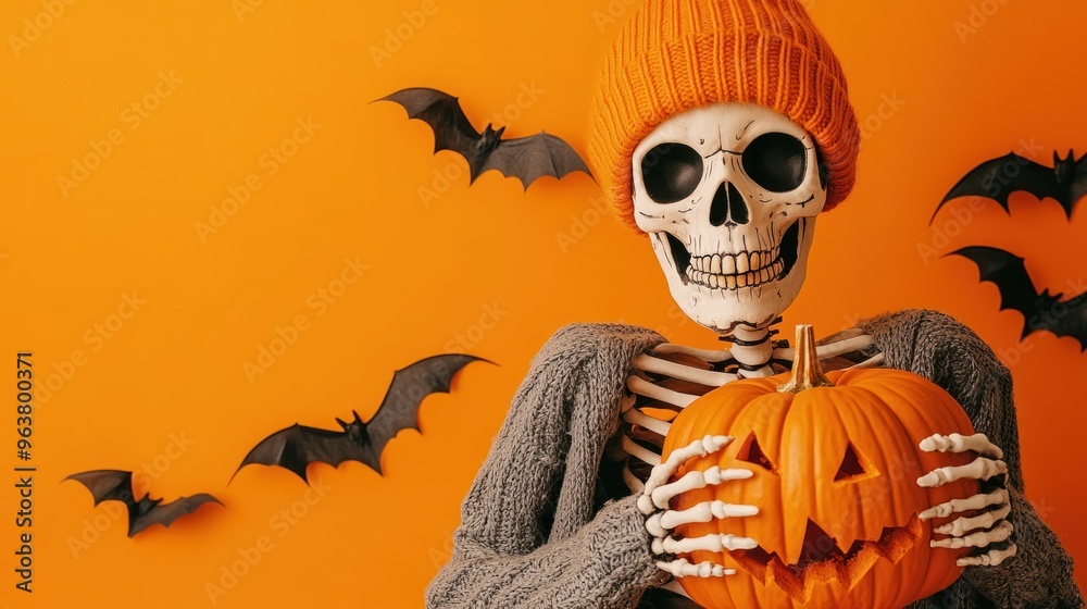 A skeleton is holding a pumpkin and wearing a gray sweater A skeleton is holding a pumpkin and wearing a gray sweater
