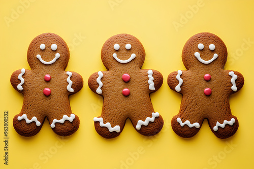 Three gingerbread men cookies on a yellow background.